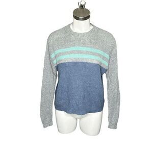 American Eagle Womens Gray Blue Striped Long Sleeve Crewneck Sweater Size Small